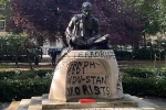 Mahatma Gandhi Statue, Mahatma Gandhi Statue in London pictures, iconic gandhi statue vandalised near london university, League